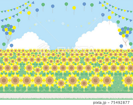 シンプルなひまわり畑の背景イラスト 風船とガーランドがあるのイラスト素材