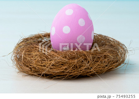 baby shower conceptual composition pink egg nest 75493255