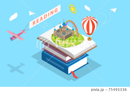 Isometric flat vector concept of child reading, imagination. 75493336