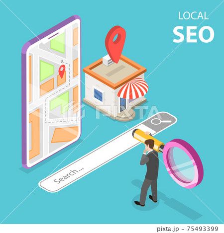 Isometric flat vector concept of local seo, serching store. 75493399