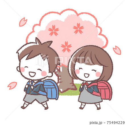 入学式の桜と男の子と女の子 75494229