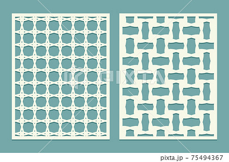 Die and laser cut screen panels with tile geometric pattern. Laser cutting decorative borders patterns. Set of cover greeting card templates. 75494367