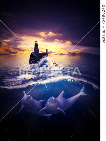 Lighthouse with dolphin underwater scene 75496240