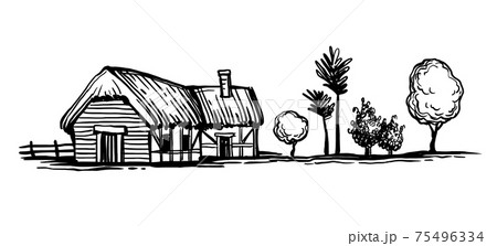 Ink sketch of old European country house. Ink sketch of old European country house. 75496334
