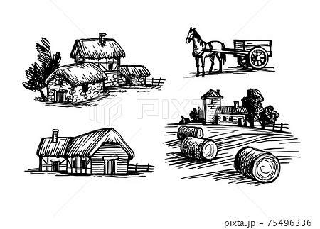 Ink sketches set of rural scenes. Ink sketches set of rural scenes. 75496336