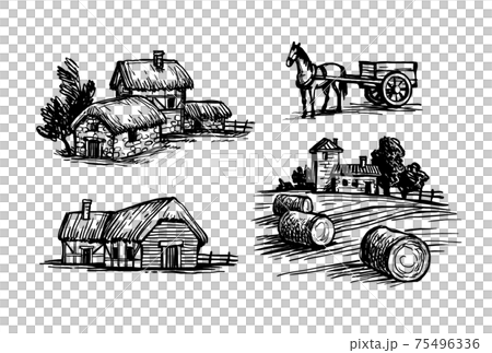 Ink sketches set of rural scenes. Ink sketches set of rural scenes. 75496336