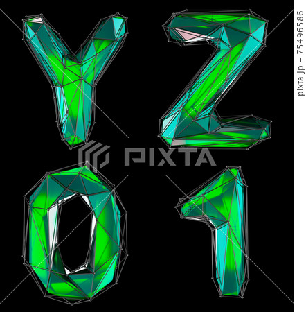 Realistic 3D set of letters Y, Z, 0, 1 made of low poly style. Collection symbols of low poly style green color glass isolated on black background 3d Realistic 3D set of letters Y, Z, 0, 1 made of low poly style. Collection symbols of low poly style green color glass isolated on black background 3d 75496586