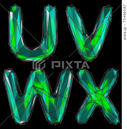 Realistic 3D set of letters U, V, W, X made of low poly style. Collection symbols of low poly style green color glass isolated on black background 3d Realistic 3D set of letters U, V, W, X made of low poly style. Collection symbols of low poly style green color glass isolated on black background 3d 75496587