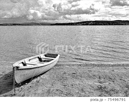 Boat on the shore of the lake, calm water before the evening storm. Boat on the shore of the lake, calm water before the evening storm. 75496791