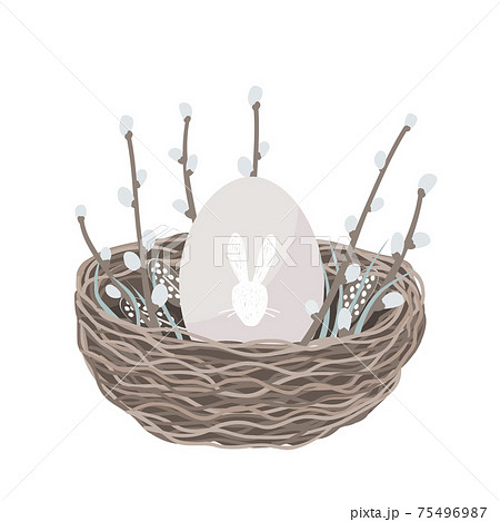 Easter composition with a nest, an egg, and pussy willow branches. Scandinavian style spring decoration, vector illustration isolated on white background 75496987