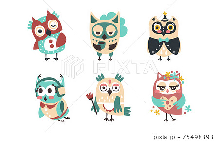 Cute Funny Owlets Collection, Amusing Colorful Owl Birds Cartoon Vector Illustration 75498393
