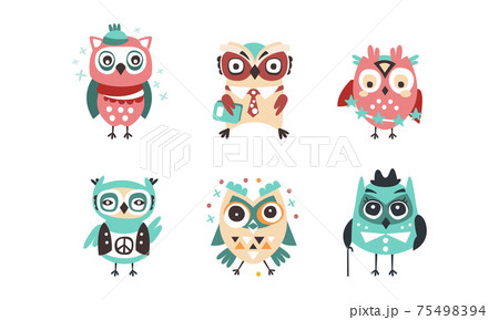Cute Owlets Set, Amusing Colorful Owl Birds Cartoon Vector Illustration 75498394