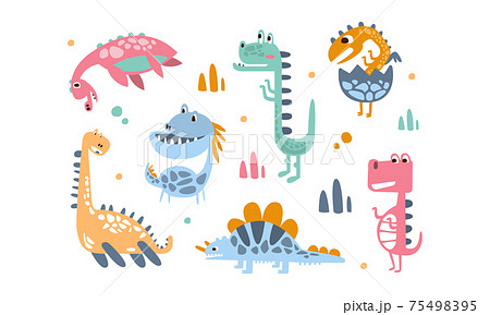 Cute Baby Dinosaurs Set, Funny Colorful Dino Characters Cartoon Vector Illustration 75498395
