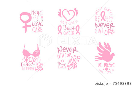 Breast Cancer Pink Logo Templates Design Set, Hope, Faith, Love, Care Emblems Cartoon Vector Illustration 75498398