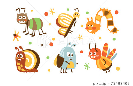 Cute Funny Insects Collection, Adorable Ant, Butterfly, Snail, Caterpillar Cartoon Vector Illustration 75498405
