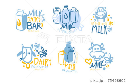 Milk Dairy Bar Logo Design Set, Natural Healthy Organic Products Badges, Labels Cartoon Vector Illustration 75498602
