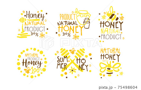 Honey Logo Design Set, Natural Organic Healthy Product Badges Hand Drawn Vector Illustration 75498604
