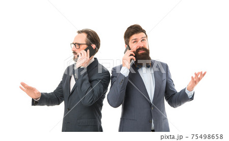 Good business talk. Men phone conversation. Guy with Good business talk. Men phone conversation. Guy with 75498658