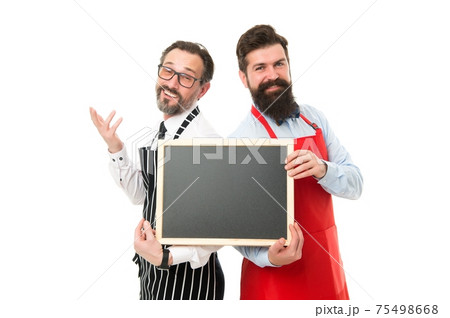 Hipster bartender show blackboard copy space. Hiring  75498668