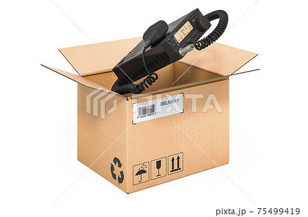 Amateur radio transceiver with push-to-talk microphone switch inside cardboard box, delivery concept. 3D rendering 75499419