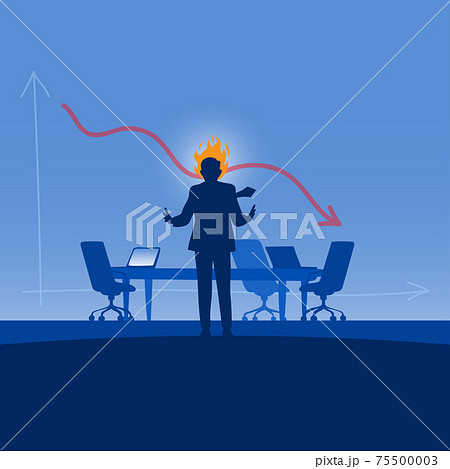 angry businessman with fire on his head in meeting room and graph down at background vector illustration with .... gradient shade background. 75500003