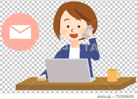 A woman sending an email on her laptop while making a phone call 75500689