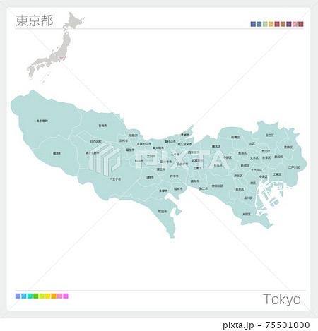 東京都の地図 Tokyo 市区町村名 市区町村 区分け のイラスト素材