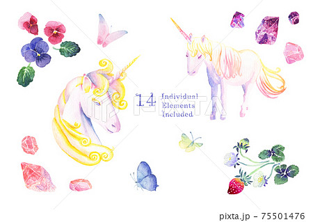 <水彩画>ユニコーン、蝶、イチゴ、パンジー、アメジスト、ローズクォーツなどの14のイラスト素材セット <水彩画>ユニコーン、蝶、イチゴ、パンジー、アメジスト、ローズクォーツなどの14のイラスト素材セット 75501476