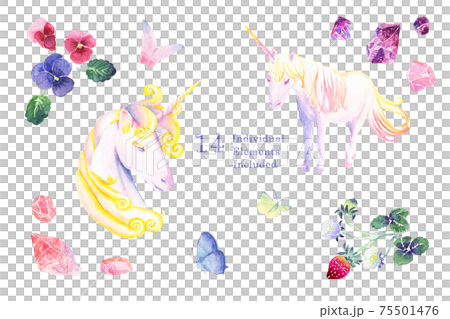 水彩画 ユニコーン 蝶 イチゴ パンジー アメジスト ローズクォーツなどの14のイラスト素材セットのイラスト素材