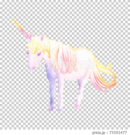 <Watercolor> Hand-drawn illustration of a mysterious unicorn standing quietly <Watercolor> Hand-drawn illustration of a mysterious unicorn standing quietly 75501477