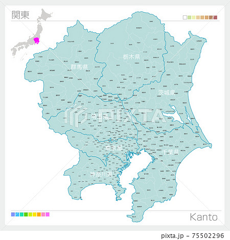 関東の地図 Kanto 都道府県 市町村名のイラスト素材