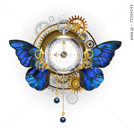 Antique clock with morpho butterfly wings 75504243