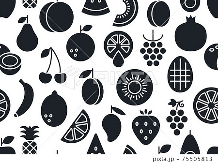 Vector seamless pattern, endless texture with fruits. Black silhouette isolated on a white background. Fill solid icon, glyph. Healthy food and vitamins 75505813