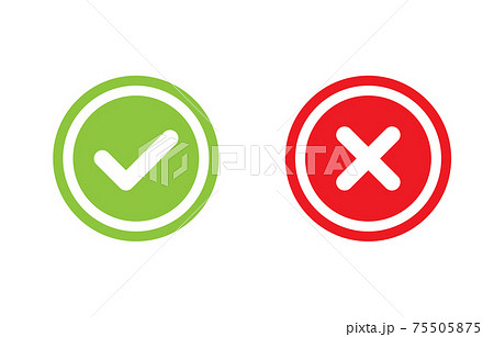 Tick and cross signs. Green checkmark OK and red X icons vector. Circle symbols YES and NO button for vote, decision, web, logo, app, UI. illustration. 75505875