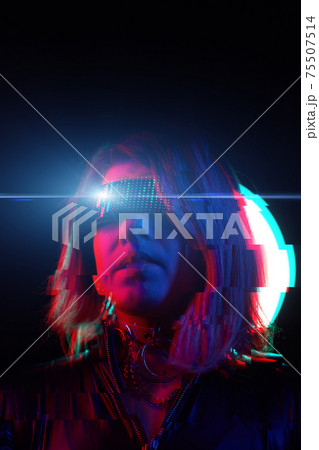 Cyberpunk style portrait of beautiful young woman in futuristic costume. Image with glitch effect. Cyberpunk style portrait of beautiful young woman in futuristic costume. Image with glitch effect. 75507514