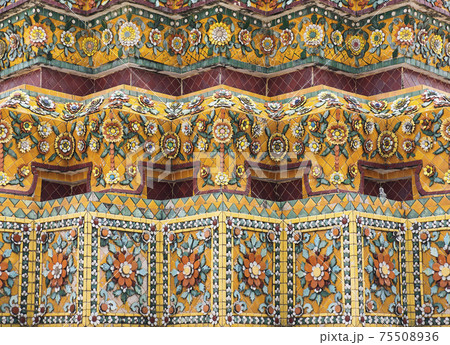 Colourful tiles floral pattern Mosaic on Pagoda Temple Landmark Architecture Thailand 75508936