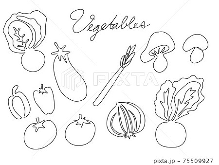 一筆書き 野菜03 白黒 モノクロ トマト ピーマン かぶ アスパラガスなどのイラスト素材