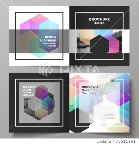 Vector layout of two covers templates with colorful hexagons, geometric shapes, tech background for square design bifold brochure, flyer, magazine, cover design, book design, brochure cover. 75511331