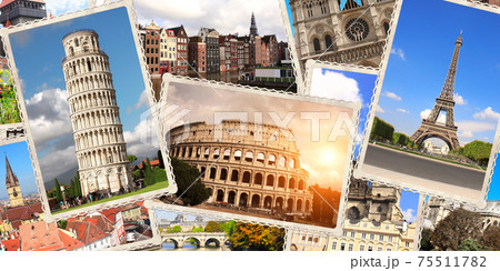 Vintage travel background with retro photos of european landmarks 75511782