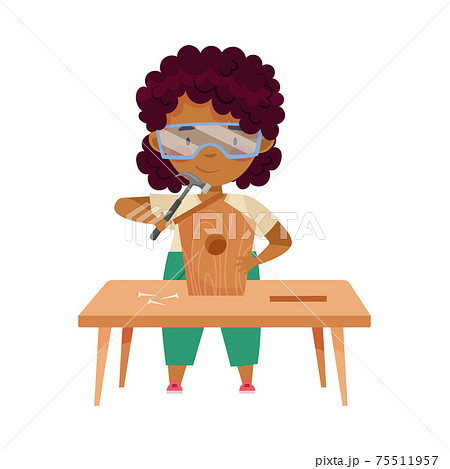 Little African American Girl in Protective Goggles at Table Woodworking Hammering Nails in Nesting Box Vector Illustration 75511957