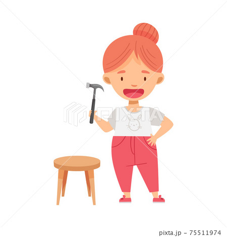 Smiling Redhead Girl with Hammer Woodworking Crafting Wooden Stool Vector Illustration Smiling Redhead Girl with Hammer Woodworking Crafting Wooden Stool Vector Illustration 75511974
