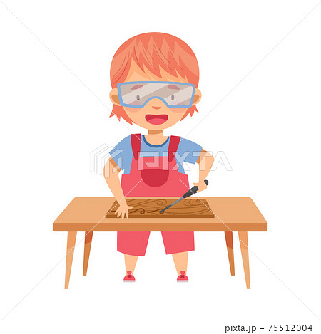Cute Redhead Girl Wearing Protective Goggles at Table Woodworking Wood Carving on Timber Plank Vector Illustration Cute Redhead Girl Wearing Protective Goggles at Table Woodworking Wood Carving on Timber Plank Vector Illustration 75512004