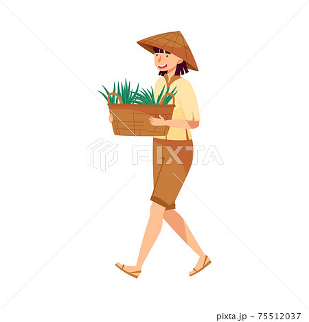 Vietnamese Woman Farmer in Straw Conical Hat Carrying Wicker Basket with Grass Blades as Rice Crop Vector Illustration 75512037