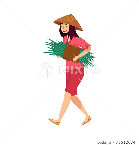 Vietnamese Woman Farmer in Straw Conical Hat Carrying Bunch of Grass Blades as Rice Crop Vector Illustration 75512074
