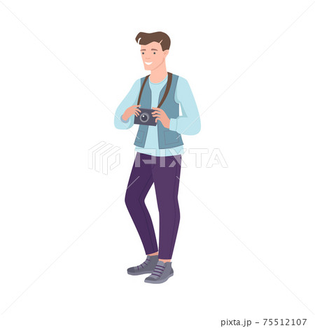 Young Man as Tourist Character with Camera on Excursion or Sightseeing Tour Vector Illustration 75512107