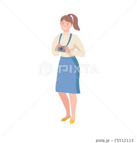 Young Woman as Tourist Character with Camera on Excursion or Sightseeing Tour Vector Illustration 75512113
