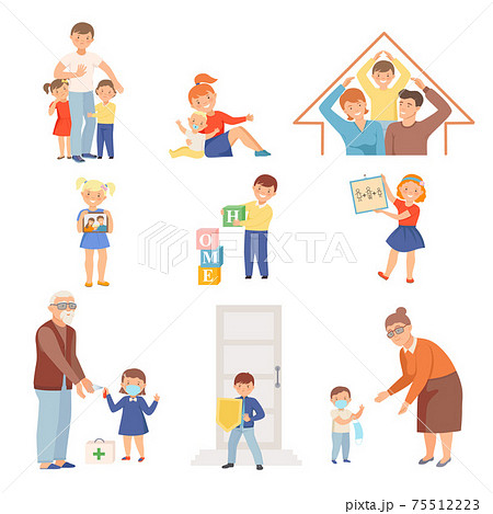 Cute Little Children Loving and Protecting Their Family Members Vector Set 75512223