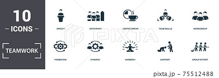 Teamwork icons set collection. Includes simple elements such as Occupation, Speech, Efficiency, Coffee Break, Team Skills, Formation and Synergy premium icons 75512488