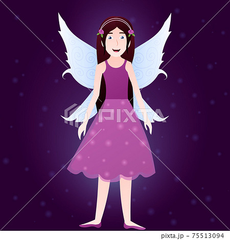 Magical fairy creature on dark violet background with beautiful wings shining, children fantasy book character 75513094