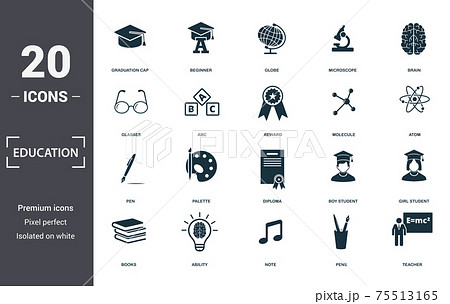 Education icons set collection. Includes simple elements such as Graduation Cap, Beginner, Globe, Microscope, Brain, Palette and Diploma premium icons 75513165